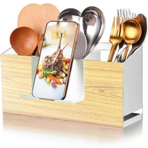 Utensil Holder Large Iron Flatware Container with 3 Compartments Countertop Wall-mounted Kitchen Utensil Storage (White)