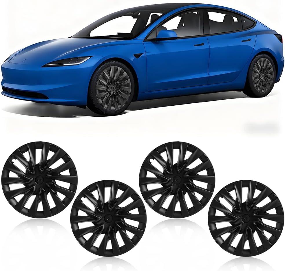 18 inch Wheel Cover Hubcap Compatible with TES-la Model 3 Highland 2024 2025, [Black] Full Cover ABS Hubcaps Accessories, with Tape & Centre Caps, 4 PCS