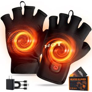 Heated Gloves for Men Women- Rechargeable Electric Full&Half Hands Electric Heated Gloves Work Arthritis Pain Relief Hot Compress Hand Warmers for Cycling Skiing Hunting (Fingerless, Large)