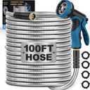 LINODI Metal Garden Hose, 100ft Stainless Steel Garden Hose 3/4" GHT Solid Brass Connectors Heavy Duty Flexible Metal Water Hose with 10-Way Spray Nozzle Kink-Free Watering Kit