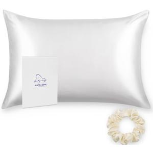 ALASKA BEAR Silk Pillowcase for Hair and Skin, 100% Mulberry Silk Pillow Cases Standard Size for Bliss Sleep with Random Color Scrunchy Gift Set Better Than Poly Satin, Zipper Closure, 1pc, Cool White (Standard 20''x26'')
