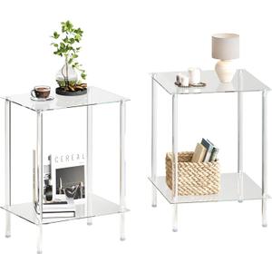 Tempered Glass Side Tables Set of 2 Acrylic End Table with 2 Storage Shelve transparent Bedside simplicity clear 2-Tier Nightstands small Spaces Office Bedroom Living Room Study Transparent ET-008TR