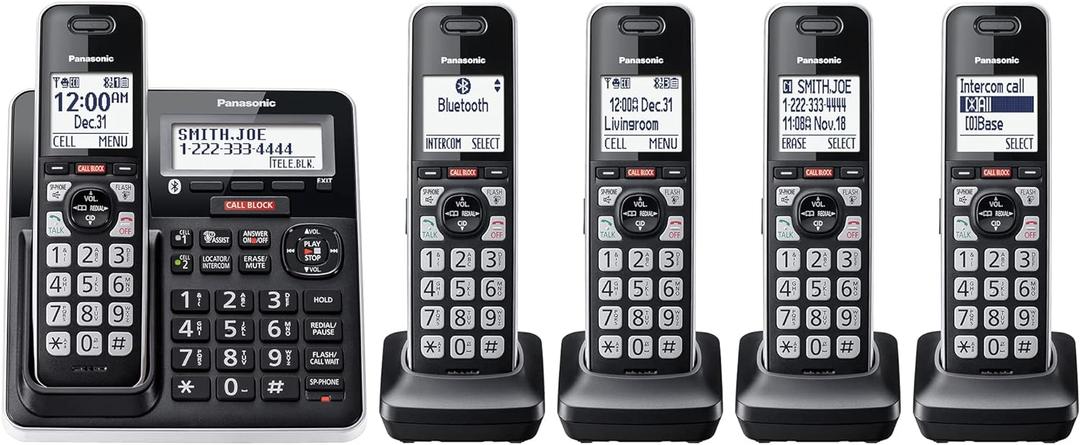 Panasonic Cordless Phone with Advanced Call Block, Link2Cell Bluetooth, One-Ring Scam Alert, and 2-Way Recording, Answering Machine, 5 Handsets - KX-TGF975B (Black/Silver Trim)