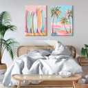 Pink Beach Wall Art Coastal Canvas Pictures Palm Tree Wall Decor Summer Surf Poster Pastel Ocean Painting Tropical Beachy Prints Preppy Aesthetic Artwork for Girl Room Bedroom 16x24 Inch Ready to Hang
