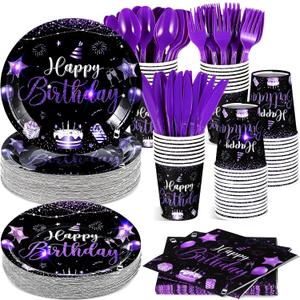 Vesici 350 Pcs Happy Birthday Party Supplies Disposable Party Tableware Set Serves 50 Included Plates Napkins Cups Cutlery for Men Woman 50th 80th Birthday Party Decorations (Black Purple)