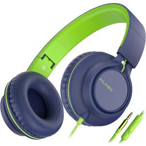 AILIHEN C8 Headphones Wired, On-Ear Headphones with Microphone and Volume Control, Corded 3.5mm Headset for Boys Girl School Smartphones Chromebook Laptop Computer Tablets Airplane Travel (Blue Green)