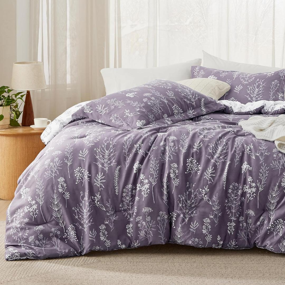 Bedsure Queen Comforter Set - Grayish Purple Bed Set, 3 Pieces Cute Floral Bedding, 1 Soft Reversible Botanical Flowers Comforter and 2 Pillow Shams