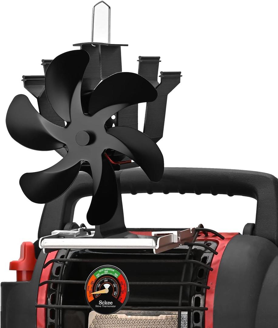 Sckee Wood Stove Fan, Heat Powered Fireplace Fan with Bracket Compatible for Log Burner Wood Burning Stove Accessory for Camping Outdoor Indoor Use (Black)