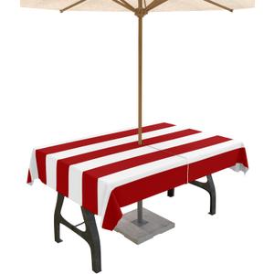Outdoor Tablecloth with Umbrella Hole and Zipper Classical Stripe Rectangle Tablecloths 60x84 Waterproof Outside Table Cloths Red Patio Table Cloth Cover for Outdoor Tables Picnic BBQS Garden Party 