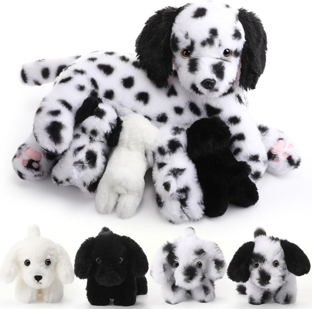 HyDren 5 Pcs Dalmatian Nurturing Dog Stuffed Animal Sets 15 Inch Soft Cuddly Dalmatian Plush Toys Nursing Mommy Dog with 4 Puppy Stuffed Animals for Kids Birthday Easter Party Gifts