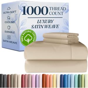 1000 Thread Count Sheet Set - 100% Cotton Bed Sheets - Softer Than Egyptian Cotton - 4-Piece Cream King Set - Soft Sateen Weave - Hotel Luxury Bedding 16 Inches - Deep Pocket Fits up to 17" Mattresses