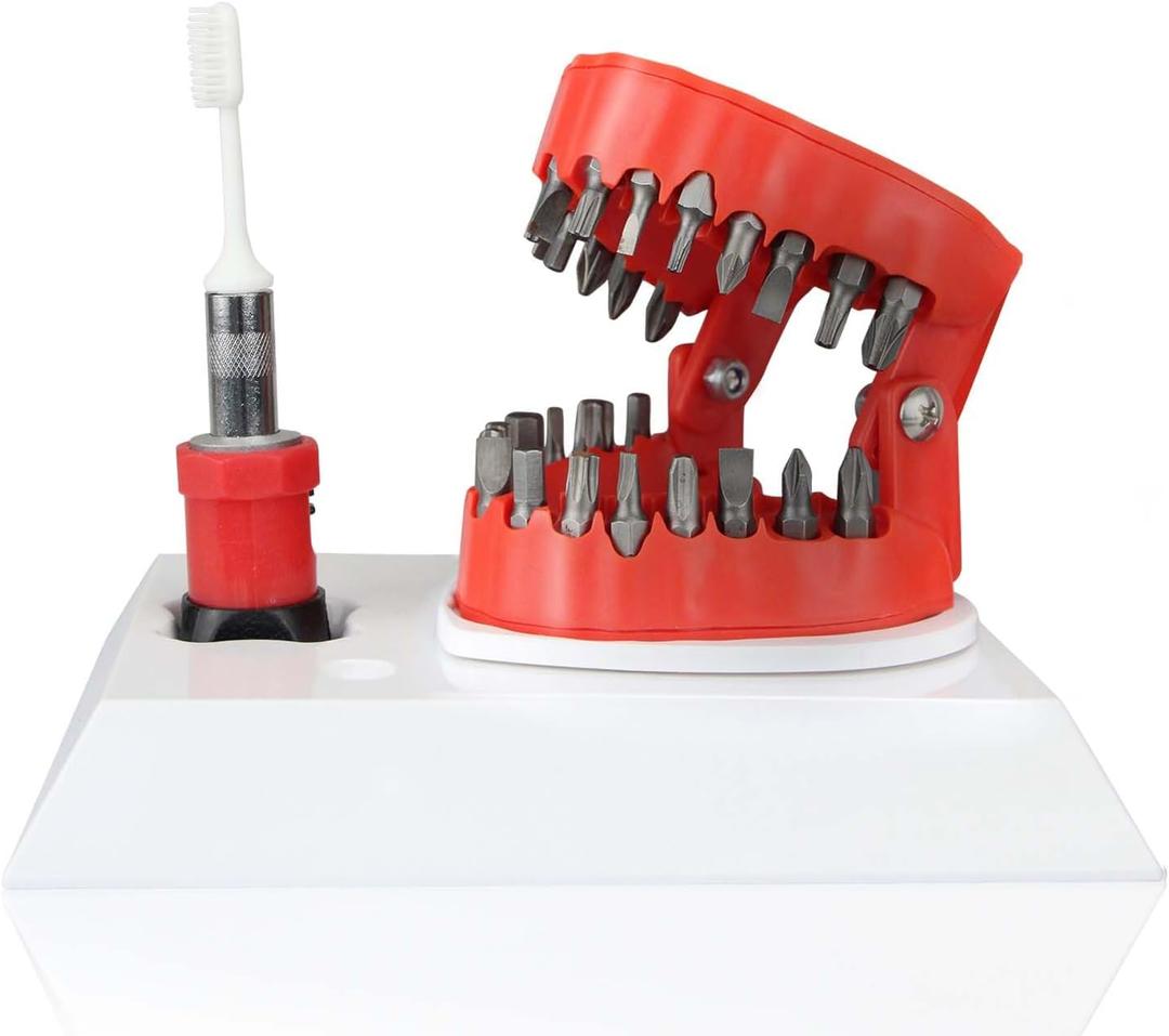 NICENICY Denture Drill Bit Holder with Base, Mouth Bit Holder, 3D Sculpture Desk Gadget, Denture Drill Bit Holder with 28PCS 1/4 Hex Bit, 3-in-1 Screwdriver, Bit Holder& Desk Decor (White-red)