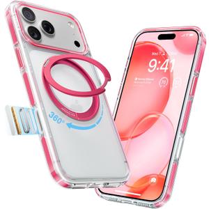 TORRAS 360 Magnetic Stand for iPhone 17 Pro Case, [Rotatable Sturdy Kickstand][Fit for MagSafe][4X MilGrade Shockproof] Slim Transparent Phone Cover, Camera Button, Crystal Pink, Ostand O3 Fitness