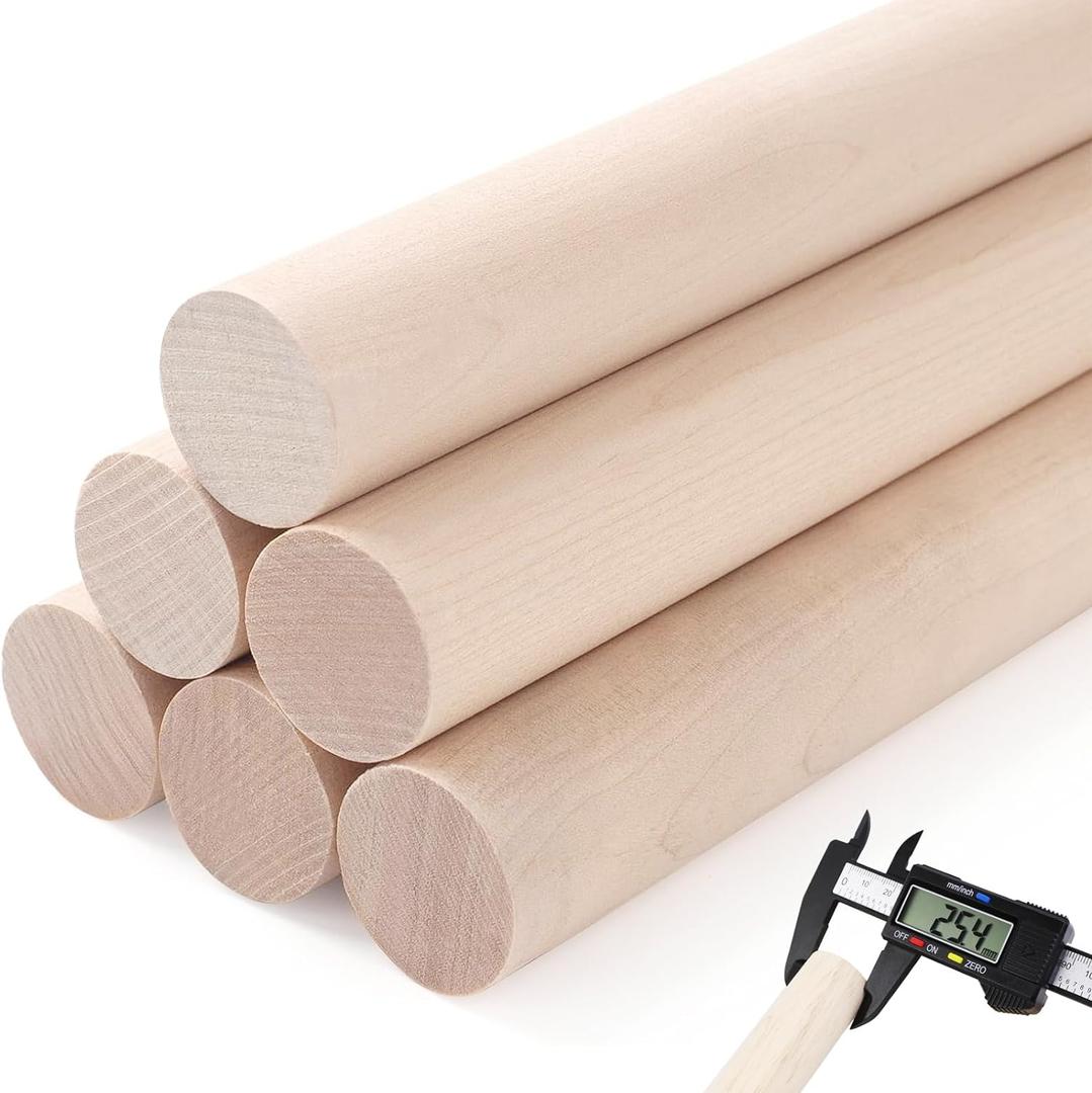 6PCS Dowel Rods Wood Sticks, 1x12 Inch Unfinished Round Wooden Hardwood Sticks for Arts, DIY, Crafts, Tiered Cake Support and Wedding Ribbon Wands