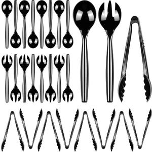 Dualshine 24 Pcs Disposable Black Plastic Serving Utensils,8 Set Including 9.72" Plastic Serving Spoons, Forks and 8.46" Tongs, for Dinner Parties, Buffets,Banquets, Events, Weddings, and Daily Use