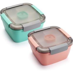 Freshmage Salad Lunch Containers To Go, 2 Pack 52-oz Bowls with 3 Compartments, Dressing Containers for Toppings, Snacks - Pink & Green