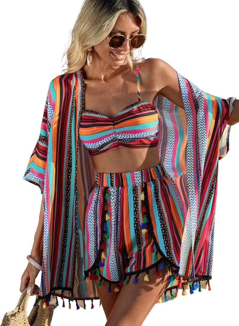 Verdusa Women's 3 Piece Outfits Short Sleeve Open Front Kimono and Boho Cami Top and Tassel Trim Tropical Shorts Set (Blue, Size XS)