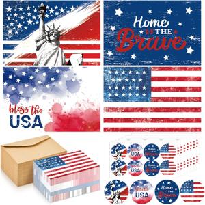 Seajan 200 Sets Patriotic Greeting Cards with Envelopes Stickers 4 x 6 Inch American Flag Blank Cards USA Thank You Note Postcards Bulk for Veteran's Day 4th of July Memorial Day