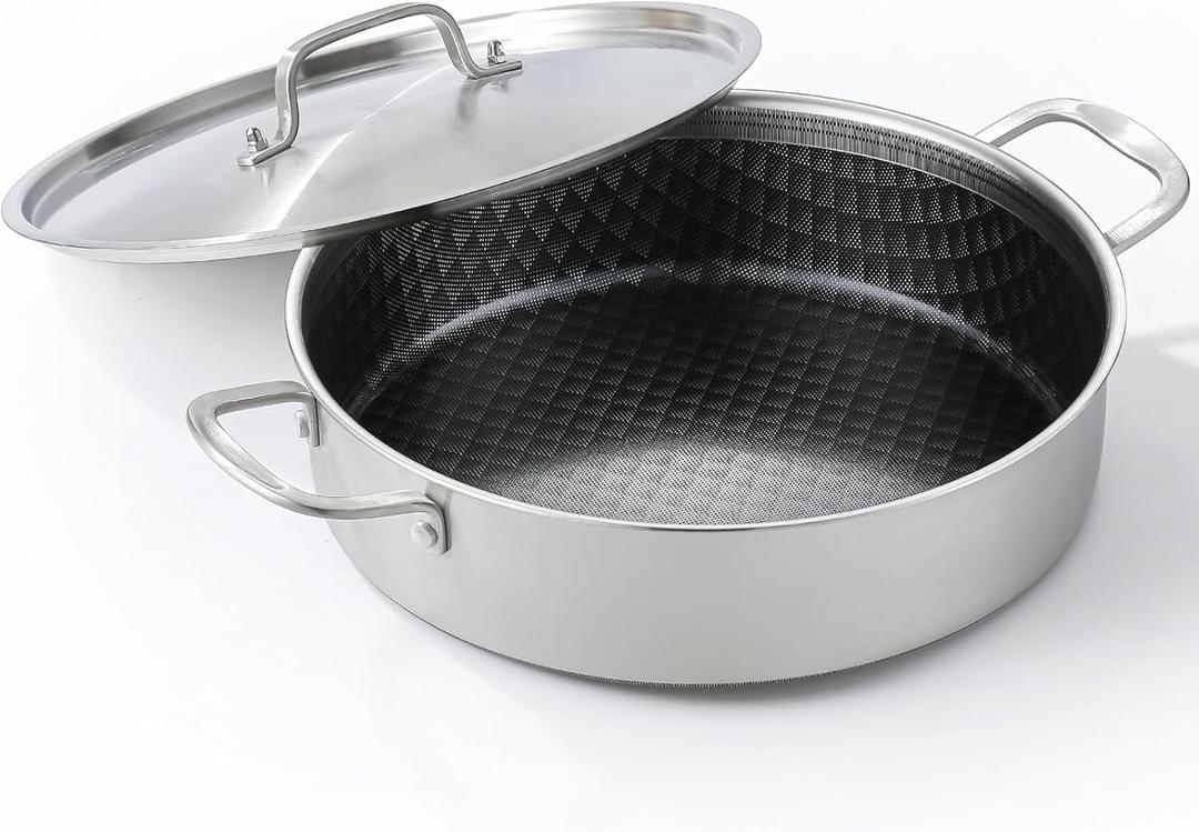 DELARLO 7Quart Tri-Ply Stainless Steel Non Stick Braiser Pan with Lid,Deep Frying Pan,Large Induction Skillet,Jumbo Cooker,Heavy Duty and Oven Safe.Large Saute Pan,Dishwasher and Oven Safe to 550