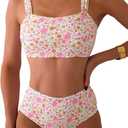 Fanuerg Women's High Waisted Bikini Sets Wide Straps Two Piece Swimsuit Floral Print Bathing Suits (White, L)