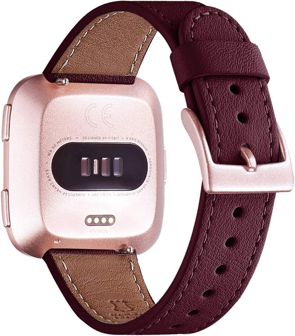 WFEAGL for Fitbit Versa Band, Top Grain Leather Band Replacement Strap for Fitbit Versa/Versa 2 /Versa Lite/Versa SE Fitness Smart Watch (Wine +Rose Gold)