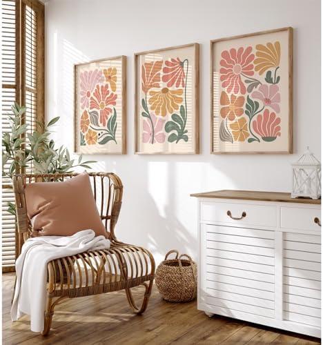 Tanmart Boho Flower Wall Art Decor Abstract Floral Canvas Prints Botanical Plant Wall Art Pictures Minimalist Flower Market Painting Poster for Living foom Bedroom 16x24 Inch Unframed Set of 3