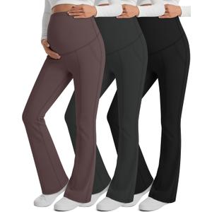 3 Pack Maternity Yoga Dress Pants Over The Belly Pregnancy Pant Stretchy Wide Leg Lounge Trousers with Pocket (Medium, Black, Dark Gray, Taupe)
