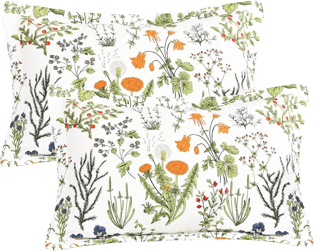 Sanracie Cotton Standard Pillow Shams 20"x26", FlowersPlant Pattern Printed Quilted Pillow Covers Standard Size Soft Breathable Pillow Cases 2 Pcs