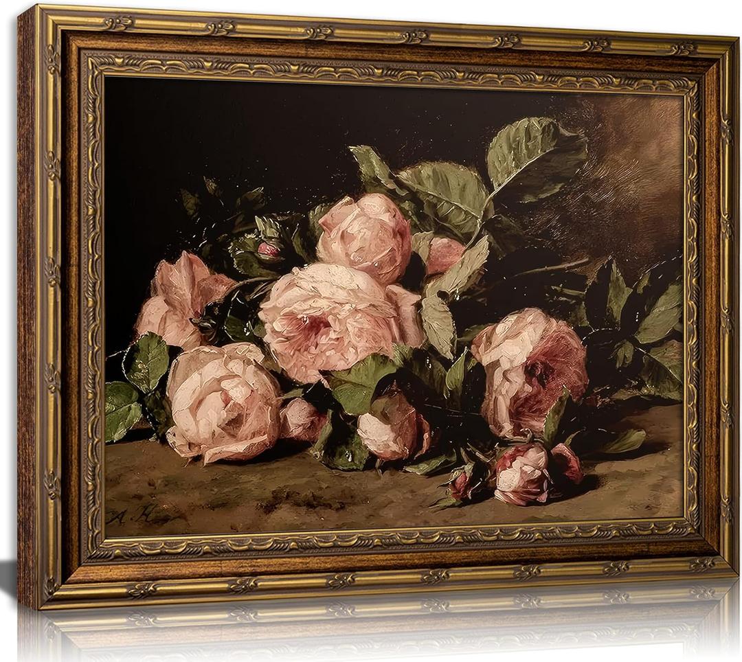 Vintage Gold Framed Canvas Wall Art Vintage Pink Flower Art Prints Rustic Cottagecor Pink Roses Painting Pictures Still Life Floral Poster Artwork for Bedroom Living Room Kitchen Farmhouse Wall Decor, 24"L x 16"W