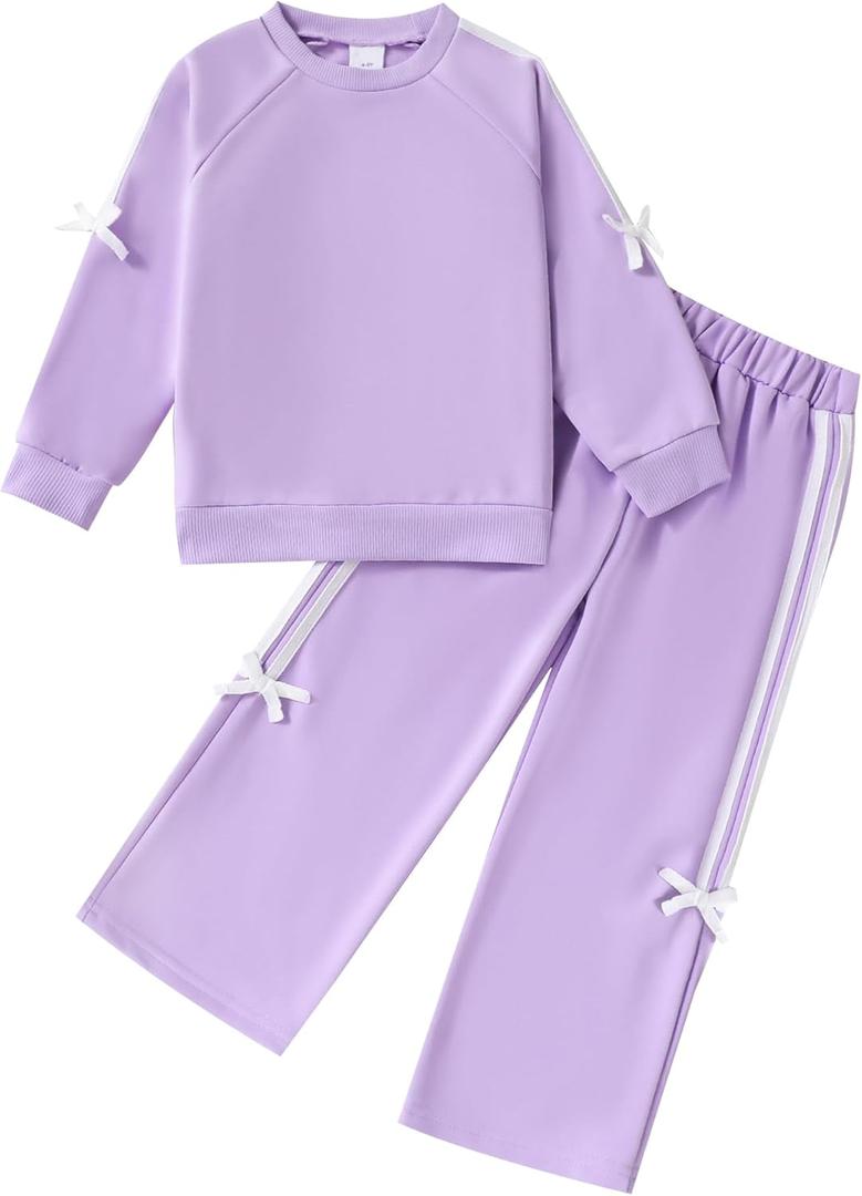 Toddler Girl Clothes Girls Outfits Kids Sweatsuit Long Sleeve Bow Details Top Wide-Leg Pants Little Girls' Clothing Set (4-5T, Purple)