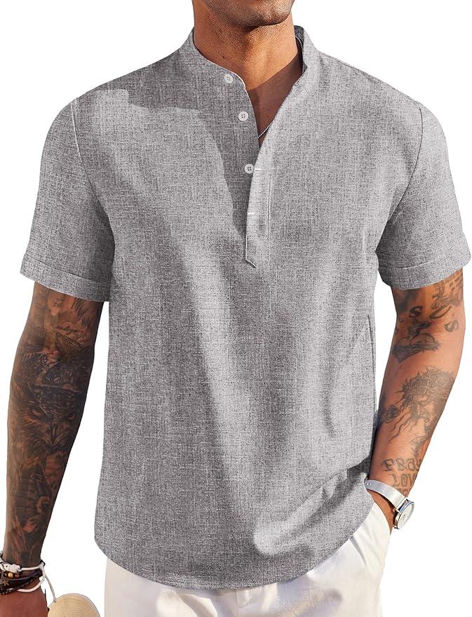 COOFANDY Mens Linen Shirt Summer Band Collar Henley Shirts Short Sleeve Stylish Casual T Shirt Big and Tall Shirts Grey, Medium