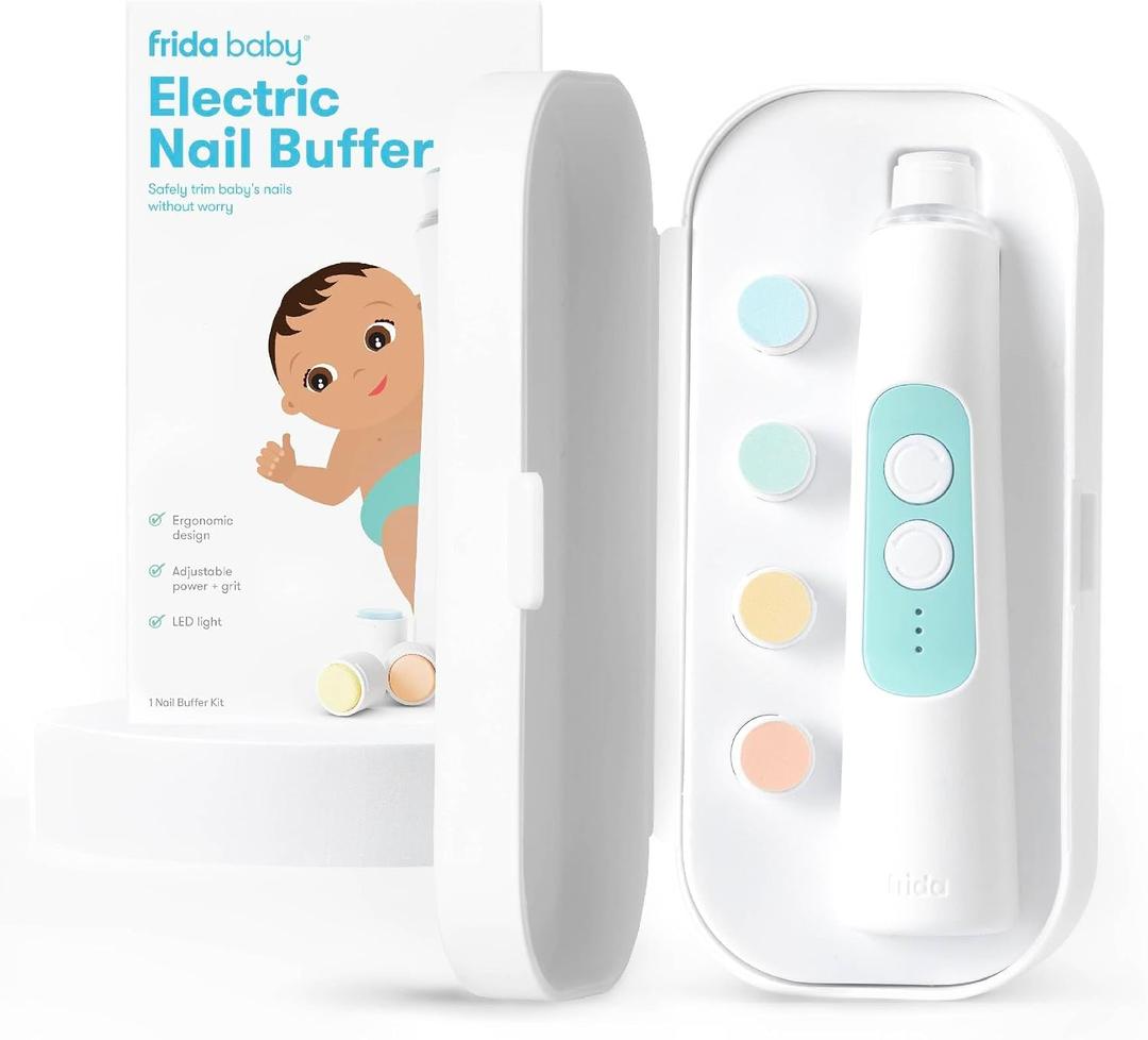 Frida Baby Electric Nail Buffer | Safe + Easy Baby Nail File, Baby Nail Clippers + Nail Trimmer Kit for Newborn, Toddler, Children's Fingernails/Toenails, 4 Buffer Pads, LED Light, Storage Case, White