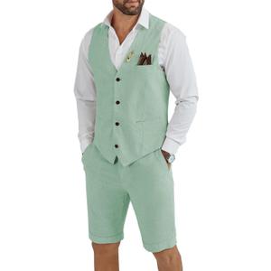 Men's Linen 2 Piece Suit Slim Fit Wedding Groom Groomsmen Summer Vest Shorts Set 5XL