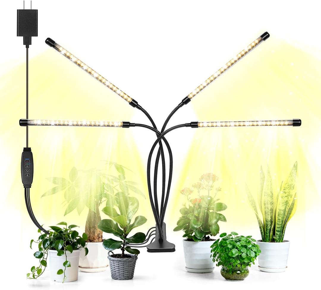 AURAZIGLI Led Grow Lights, 4 Heads Full Spectrum Plant Light with Clamp for Indoor Plants & Seed Starting, 10-Level Dimmable, Auto On Off, Timing 3 9 12Hrs