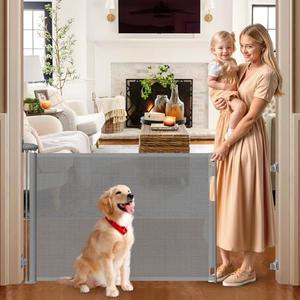 No Drill Retractable Dog Gates for Doorways No Drilling Mesh Baby Gate No Drilling Retractable Baby Gates for Dogs Indoor 65" Wide Retractable Pet Gate for Stairs No Drilling Retractable Outdoor Gate