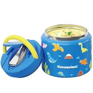 CocoMeiwei 11.8 oz Thermo for Hot Food, Soup Thermo Stainless Steel, Hot Food Container with Fold-up Spoon, Flip Open Lid School Insulated Food Jar, Keep Hot & Cold for Work, Blue-Dinosaurs