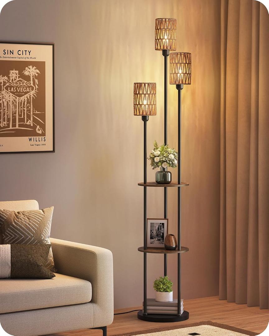Floor Lamp with Shelves, Boho Floor Lamp with Foot Switch, 3-Light Standing Lamp, for Living Room, Bedroom, Study, Rustic Brown and Yellow YF53LD05, Rustic Brown+Rattan﻿