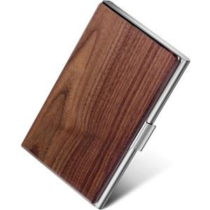 MaxGear Walnut Wood Business Card Holder for Men & Women, Professional Walnut & Stainless Steel Card Case for Business Cards, Slim Name Cards Holders with Interior Lining, Buckle Style Shut, Black