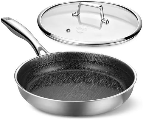 PekGema Hybrid Nonstick Frying Pan with Lid 12 inch with lid,5-Ply Stainless Steel Skillet,Ceramic Coating PFAS-Free.Oven-Safe 500°F,Compatible with All Cooktops,Stay-CoolHandle,Dishwasher-Friendly