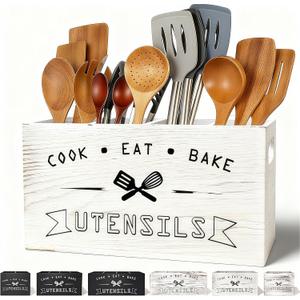 Large and Durable Retro White Wooden Kitchen Utensil Holder - Ideal Kitchen Counter Decor for Party, Counter & More Retro White 4 Compartment