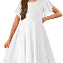 Arshiner Girls Dress Butterfly Sleeve Stretch A-Line Swing Skater Twirl School Dress with Pockets A White Tween 11-12 Y