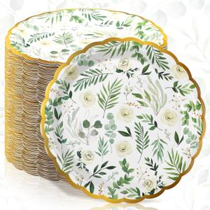 Fuyoooo 60 Pcs Eucalyptus Paper Plates 7 Inch Baby Showers Green Leaves White Flowers Dessert Disposable Dinner Summer Party Plates for Weddings Gender Reveal Afternoon Tea