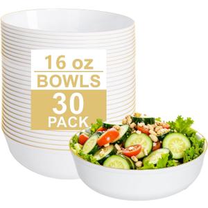 I00000 30 Pack White Plastic Bowls with Gold Rim,16 oz Disposable Soup Bowls,Premium Heavy Plastic Serving Bowls Ideal for Salad, Soup,Noodles I00000 30 Pack White Plastic Bowls with Gold Rim,16 oz Disposable Soup Bowls,Premium Heavy Plastic Serving Bowls Ideal for Salad, Soup,Noodles