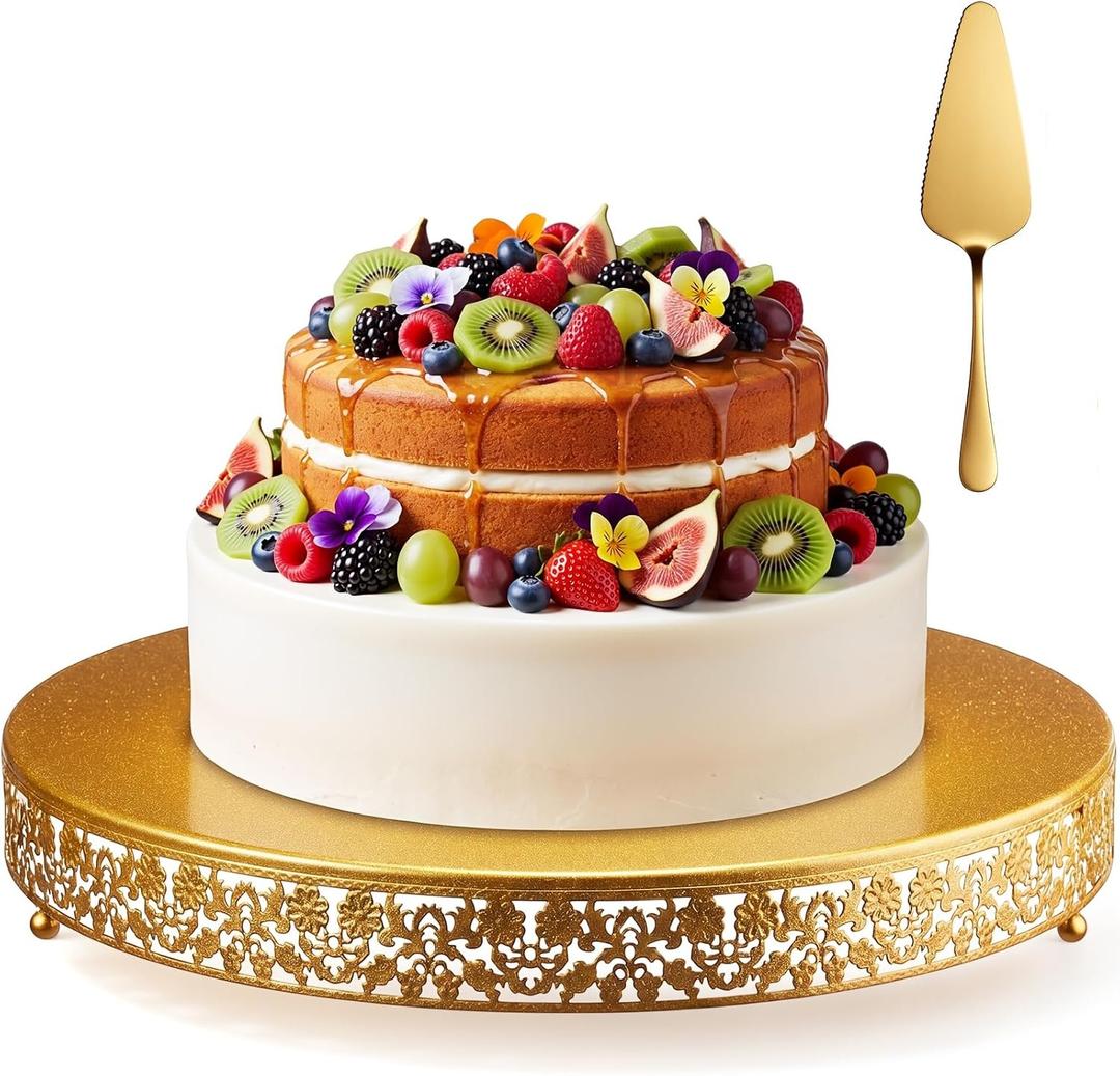 Gold Cake Stand Set Metal Round Cupcake Dessert Stand with Cake Cutting, Flower Spatula Wedding Cupcake Pastry Display Candy Holder Display for Wedding Party Birthday Baby Shower