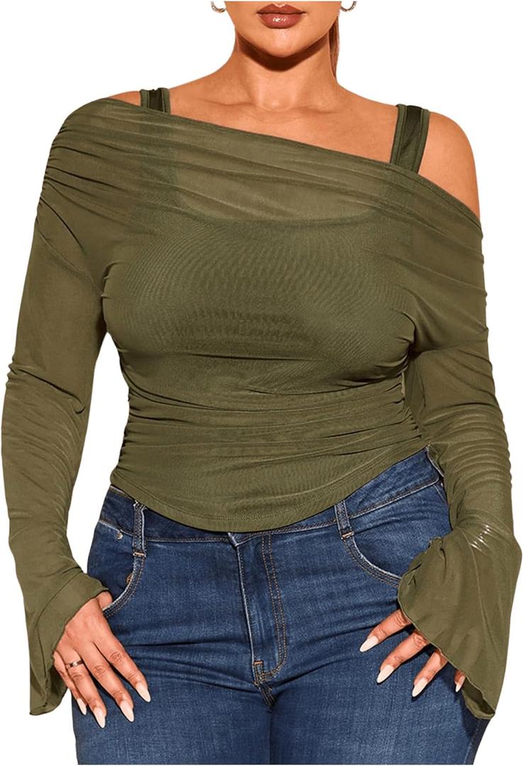 WDIRARA Women's Plus Size 2 in 1 Off Shoulder T Shirt Ruched Sheer Bell Long Sleeve Tee (4X-Large Plus, Green)