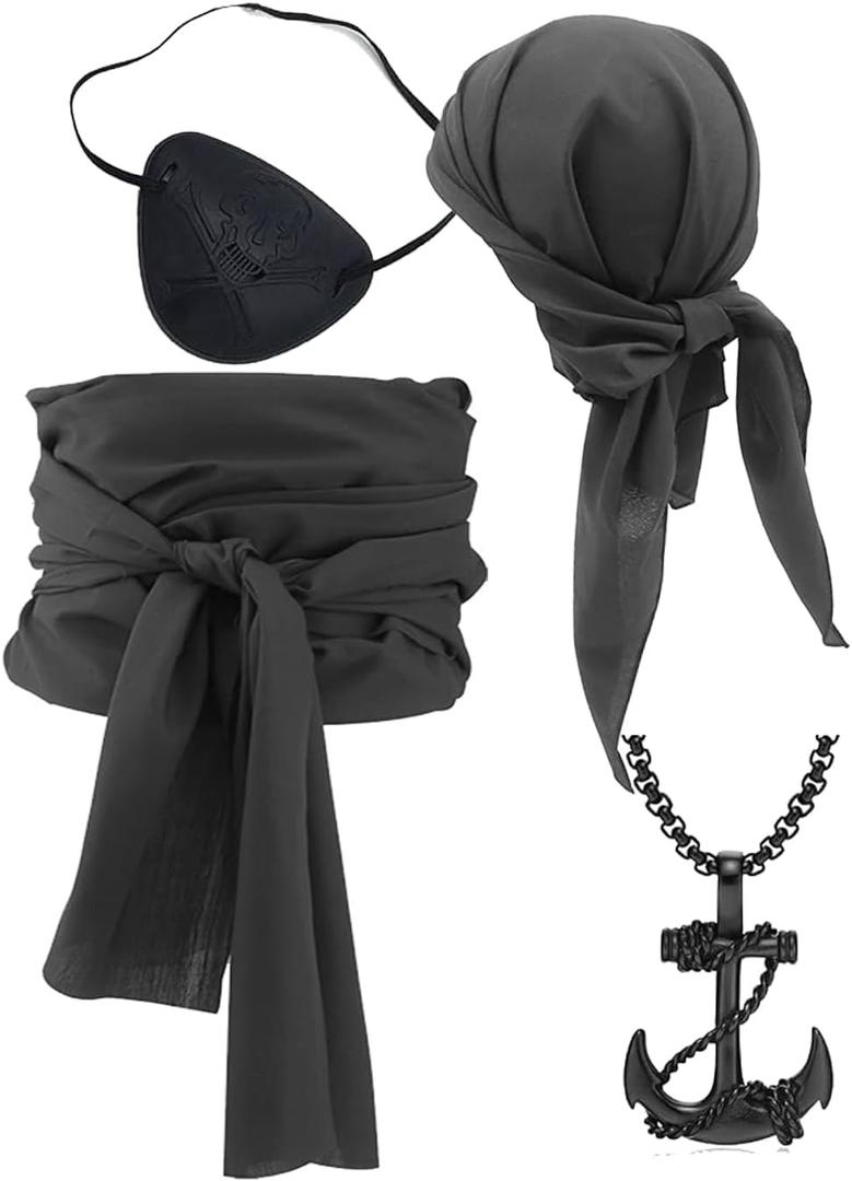 Pirate Cosplay Costume Women Men Pirate Head Scarf Hat Accessories Pirate Sash Belt Pirate Bandana Headband Waist Belt (Black)