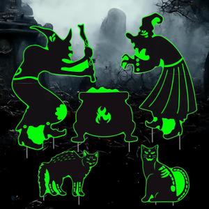 Halloween Yard Signs Decorations Outdoor - 5 Pack Large PVC Witch with Glow in The Dark, Warerproof Black Cat and Cauldron Decor, Halloween Decor with Stakes for Lawn Garden