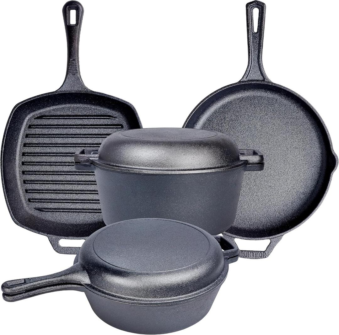 Pre Seasoned 6 pcs Pots and Pans Set - Bruntmor Double Dutch Oven Crockpot - Cooking Set - Cast Iron Skillets and Square Grill Pan with Lid - Outdoor Camping Cookware - Kitchen Accessories