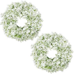 Hollyone 2Pcs Small Artificial Baby Breath Flowers Wreath 10 Inch White for Front Door Decor Faux Gypsophila Wreath Fake Baby Breath Flower Garland Candle Ring Kitchen Cabinet Chairs Tabletop Decor