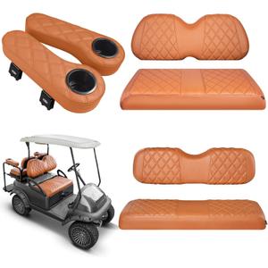 NOKINS Golf Cart Seat Covers for Club Car Precedent, Vinyl Front&Rear Seat Cover with Flip-Up Armrests kit, with Cup Holder, for 1" Square Tube (All Brown)